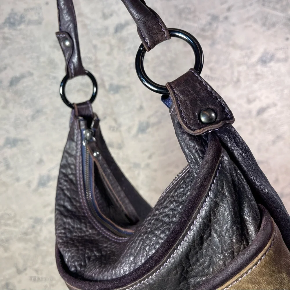 Innue leather purple and tan rustic hobo shoulder bag made in Italy